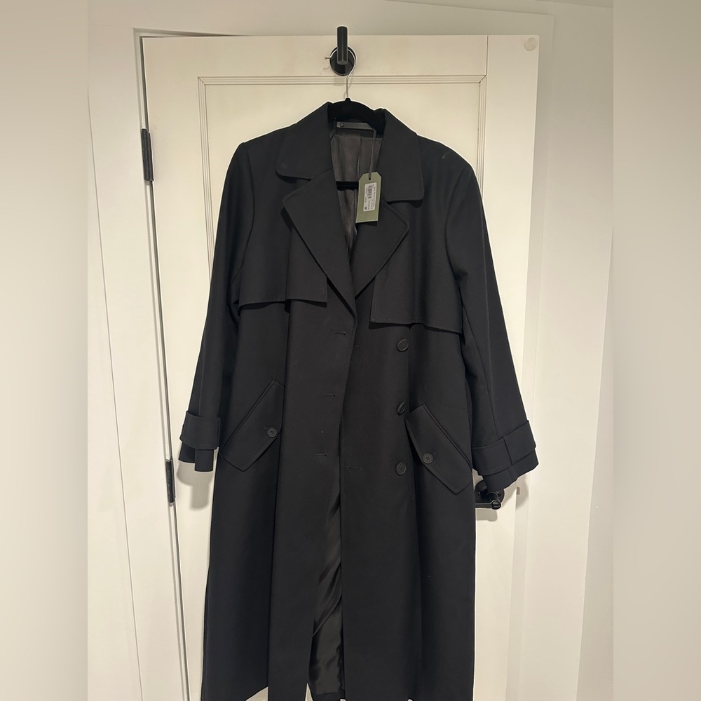 Sage Black Long Trench Coat with Belt - Picture 2 of 13